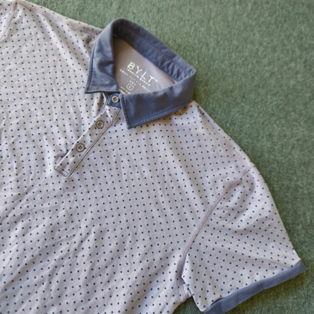 BYLT Premium Basics Drop Cut Lux Polo Men Large Lavender Polka Dot Stretch Golf
